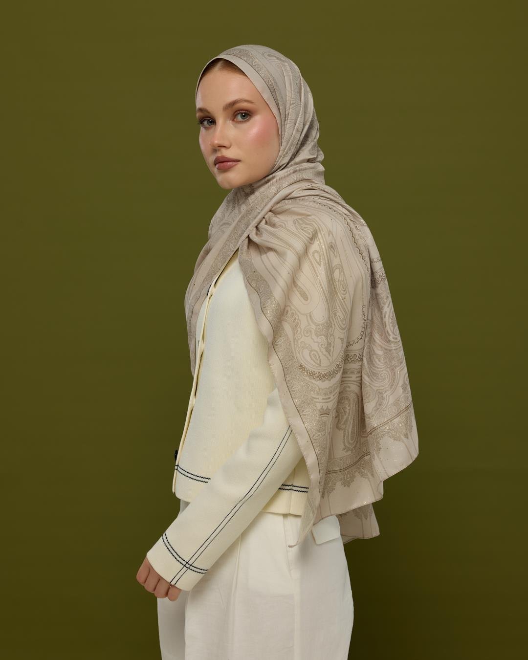 Krem & Toprak Hürrem Desen Işıltılı Şal