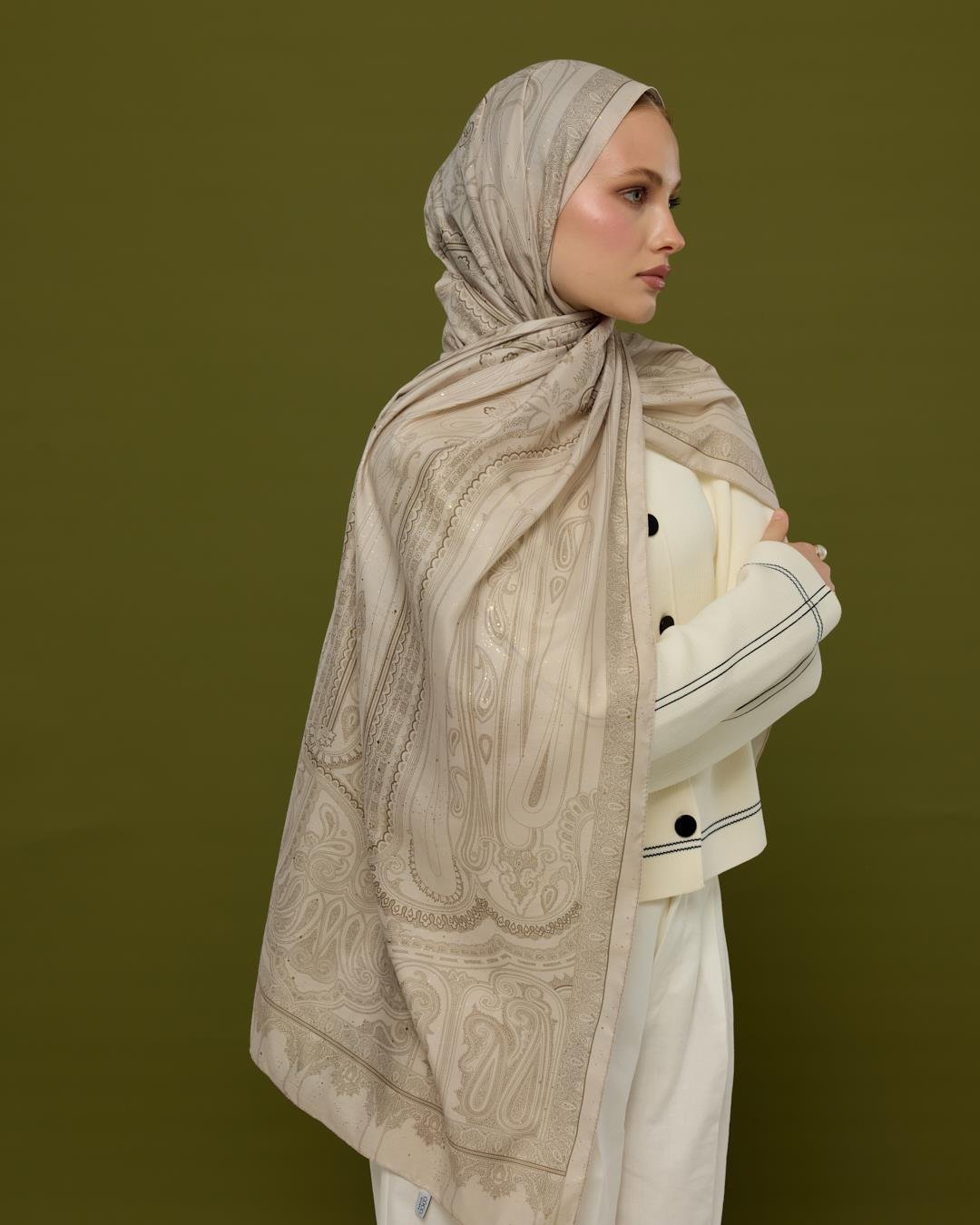 Krem & Toprak Hürrem Desen Işıltılı Şal