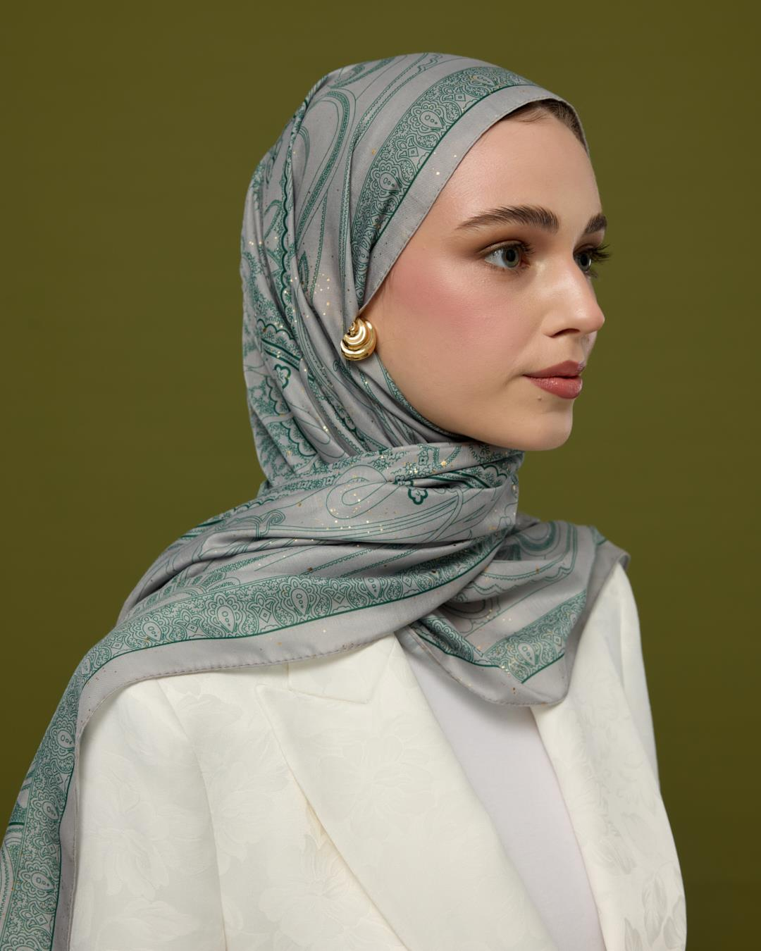 Krem & Zümrüt Hürrem Desen Işıltılı Şal