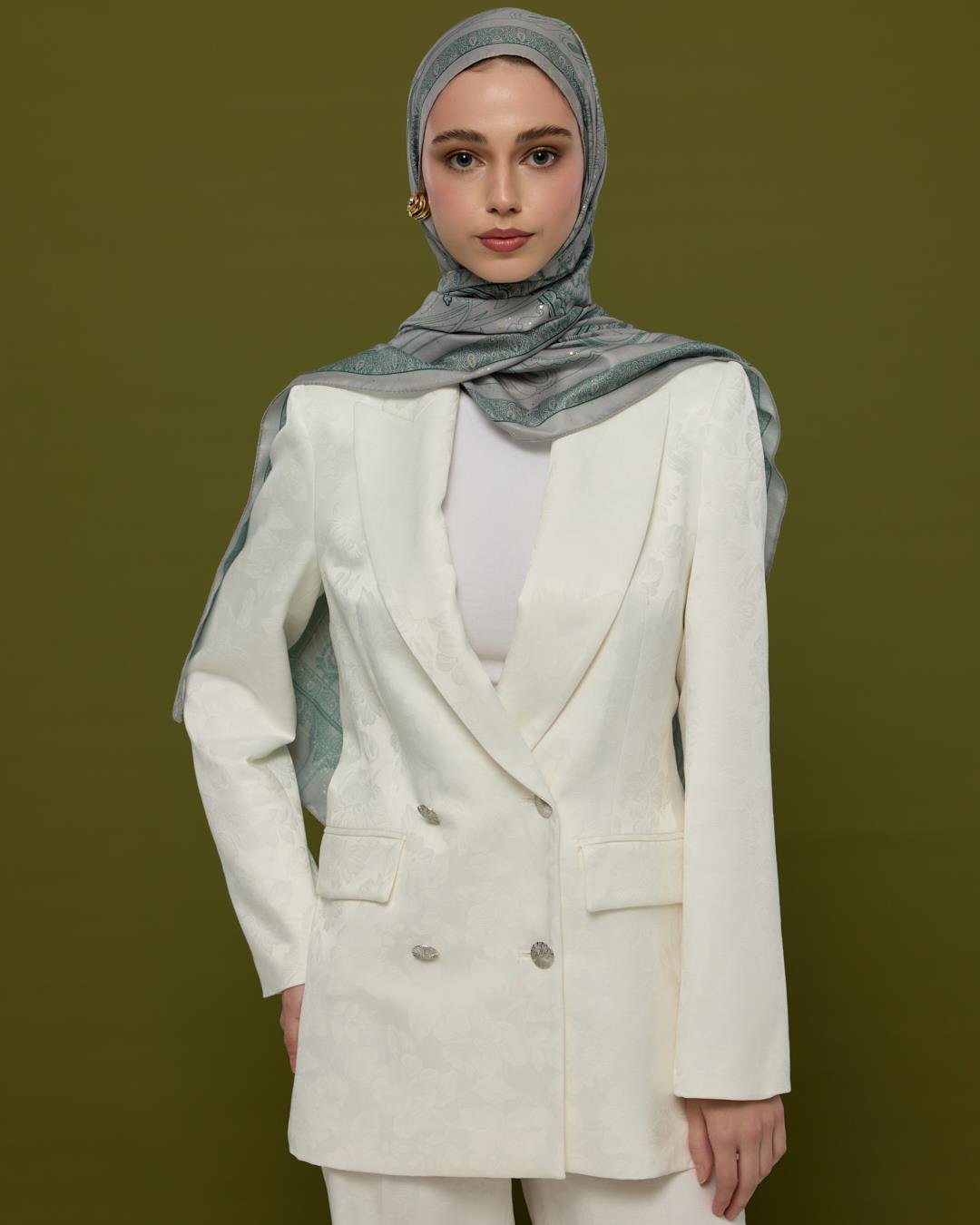 Krem & Zümrüt Hürrem Desen Işıltılı Şal