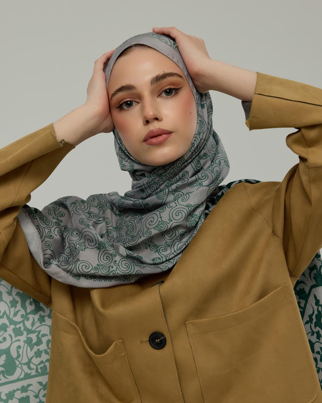 Krem & Zümrüt Saraylı Desen Şal