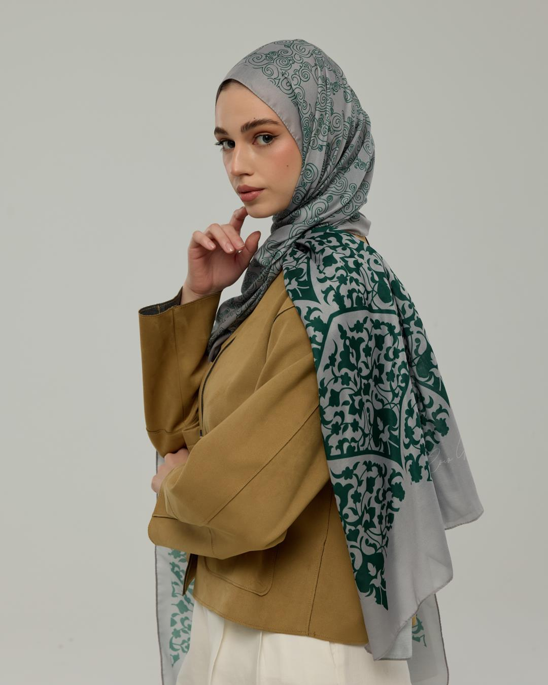 Krem & Zümrüt Saraylı Desen Şal