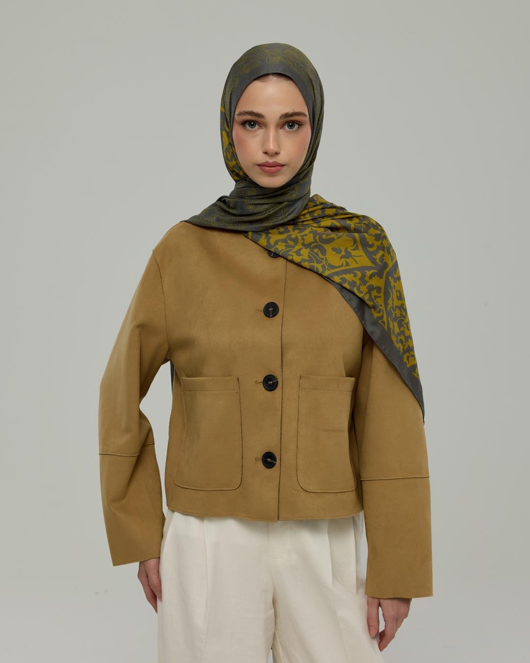 Kurşun Gri & Hasat Sarısı Saraylı Desen Şal