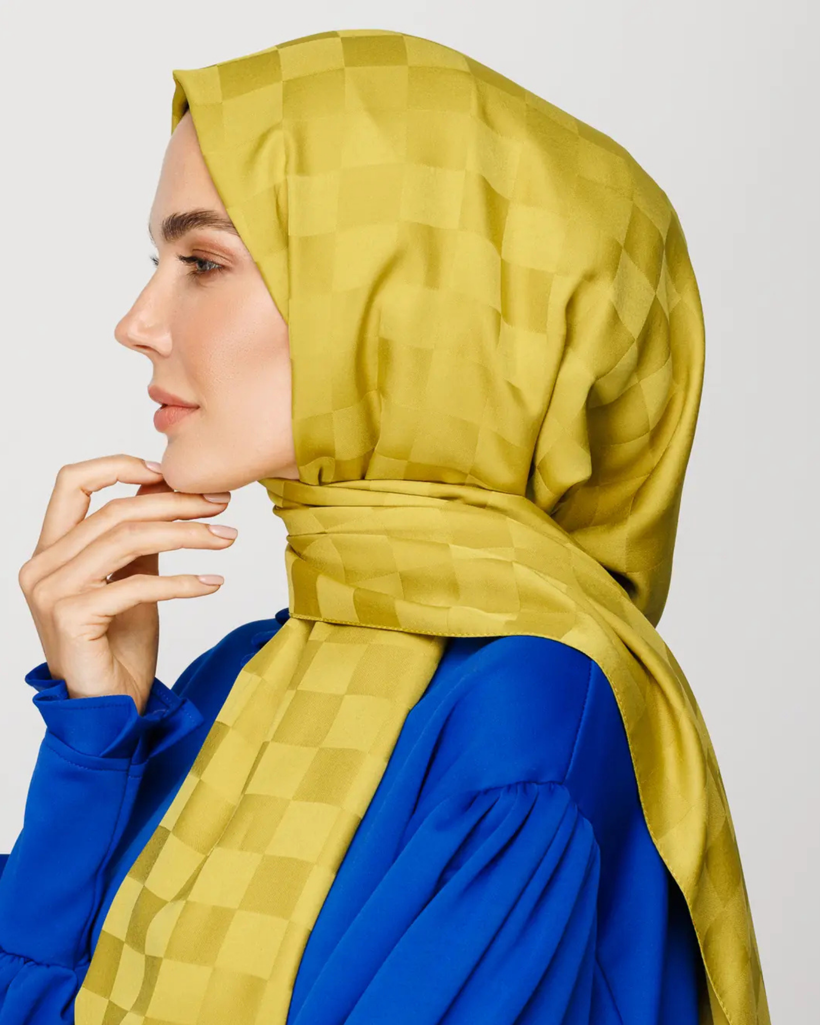 Oliv Yeşili Dama Desen İpeksi Jakar Şal