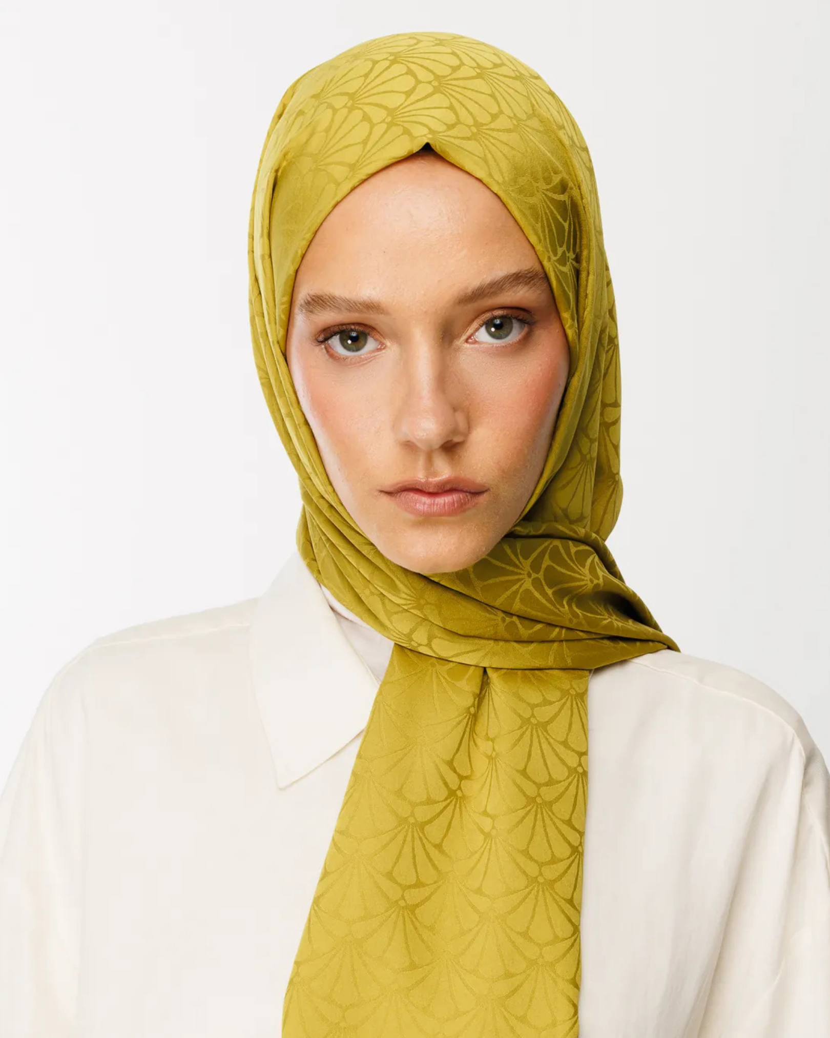 Oliv Yeşili Lotus Desen İpeksi Jakar Şal