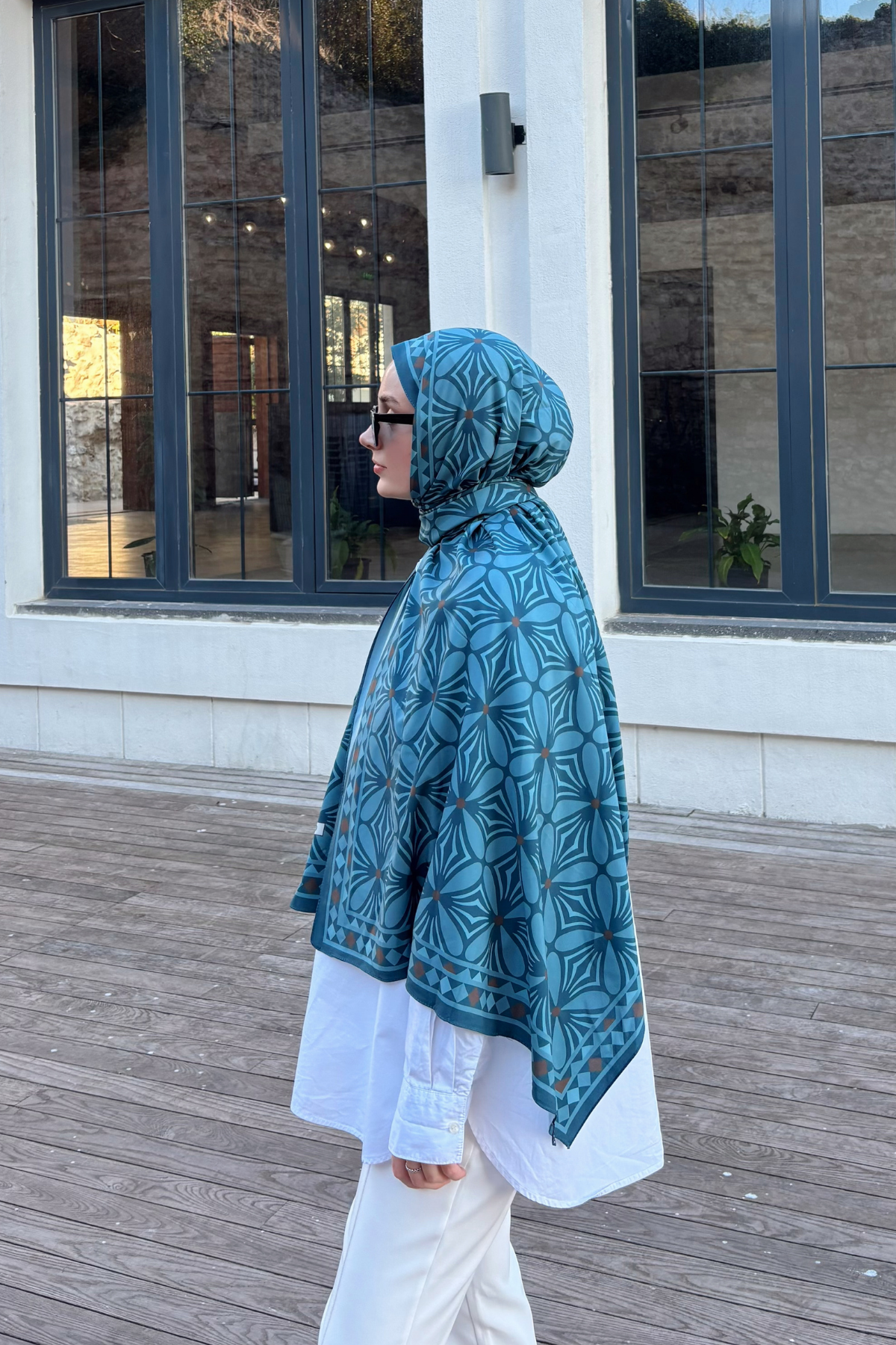 Petrol Yonca Desen Pamuk Vual Şal