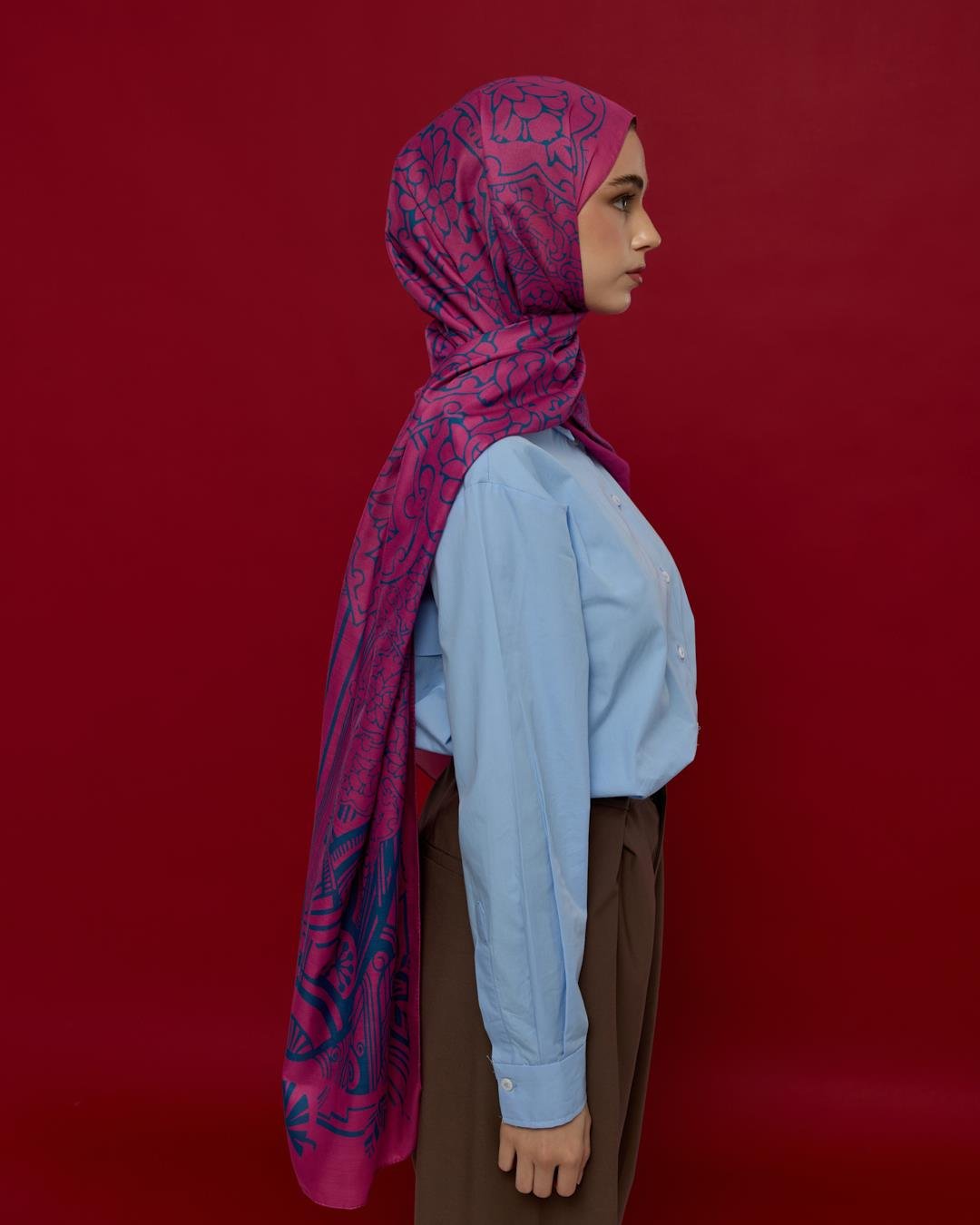 Şakayık Pembesi & Çini Mavisi Harem Rüyası Desen Şal