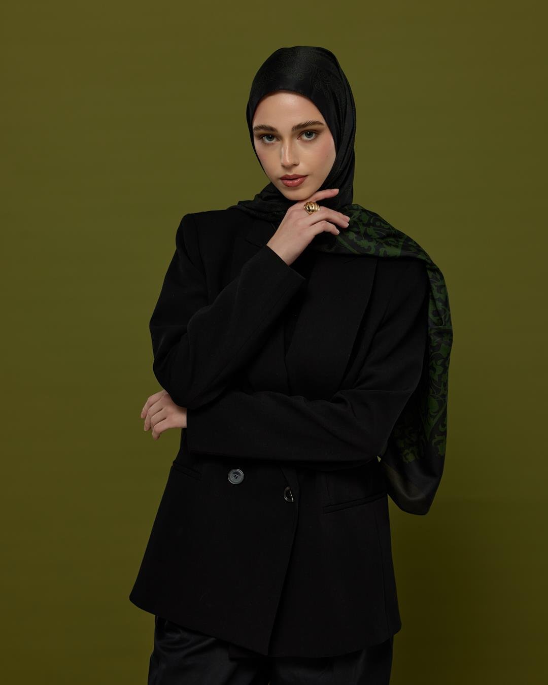 Siyah & Zeytin Saraylı Desen Şal