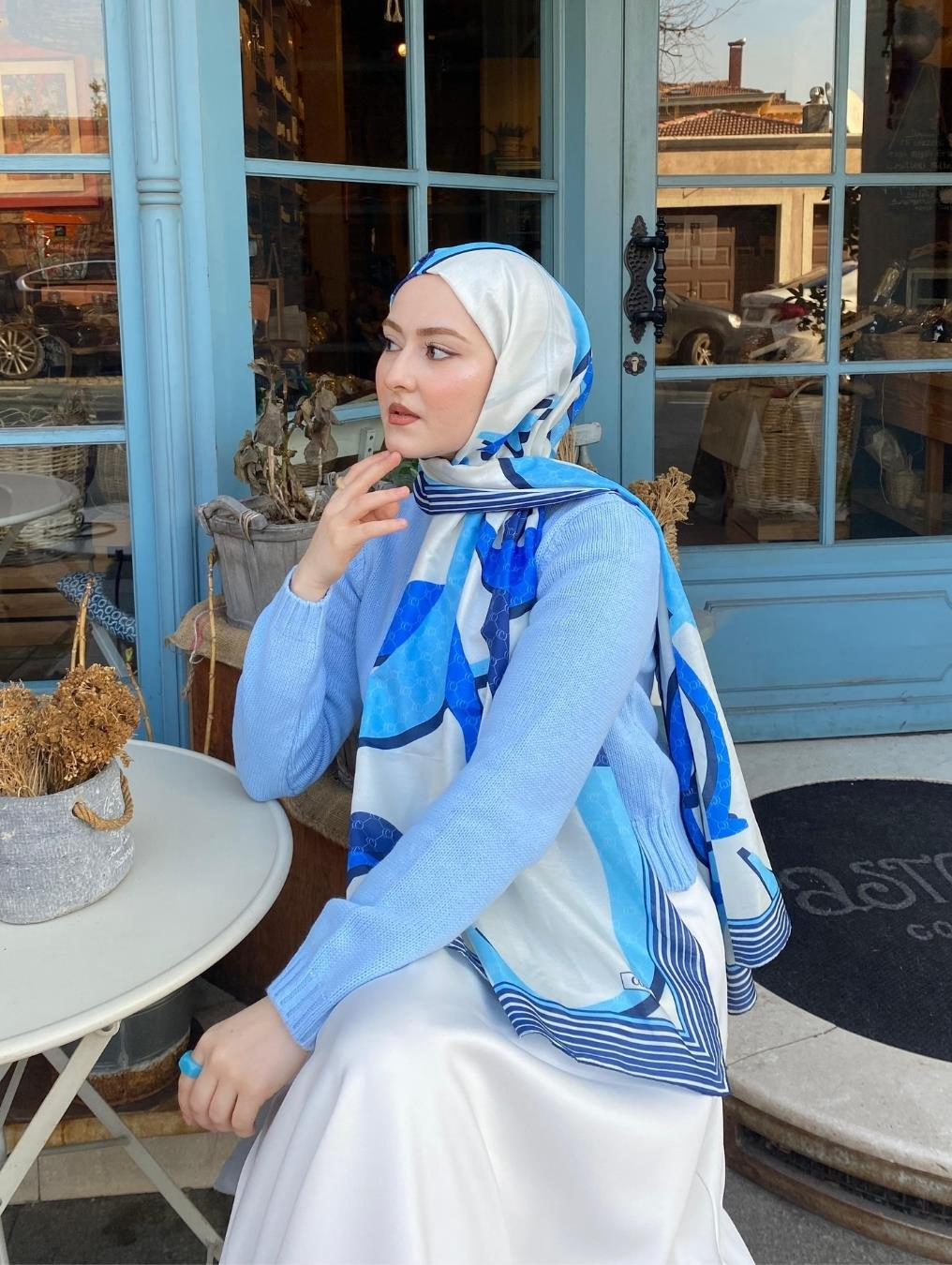 Soft Mavi Zincir Desen Pamuk Vual Şal