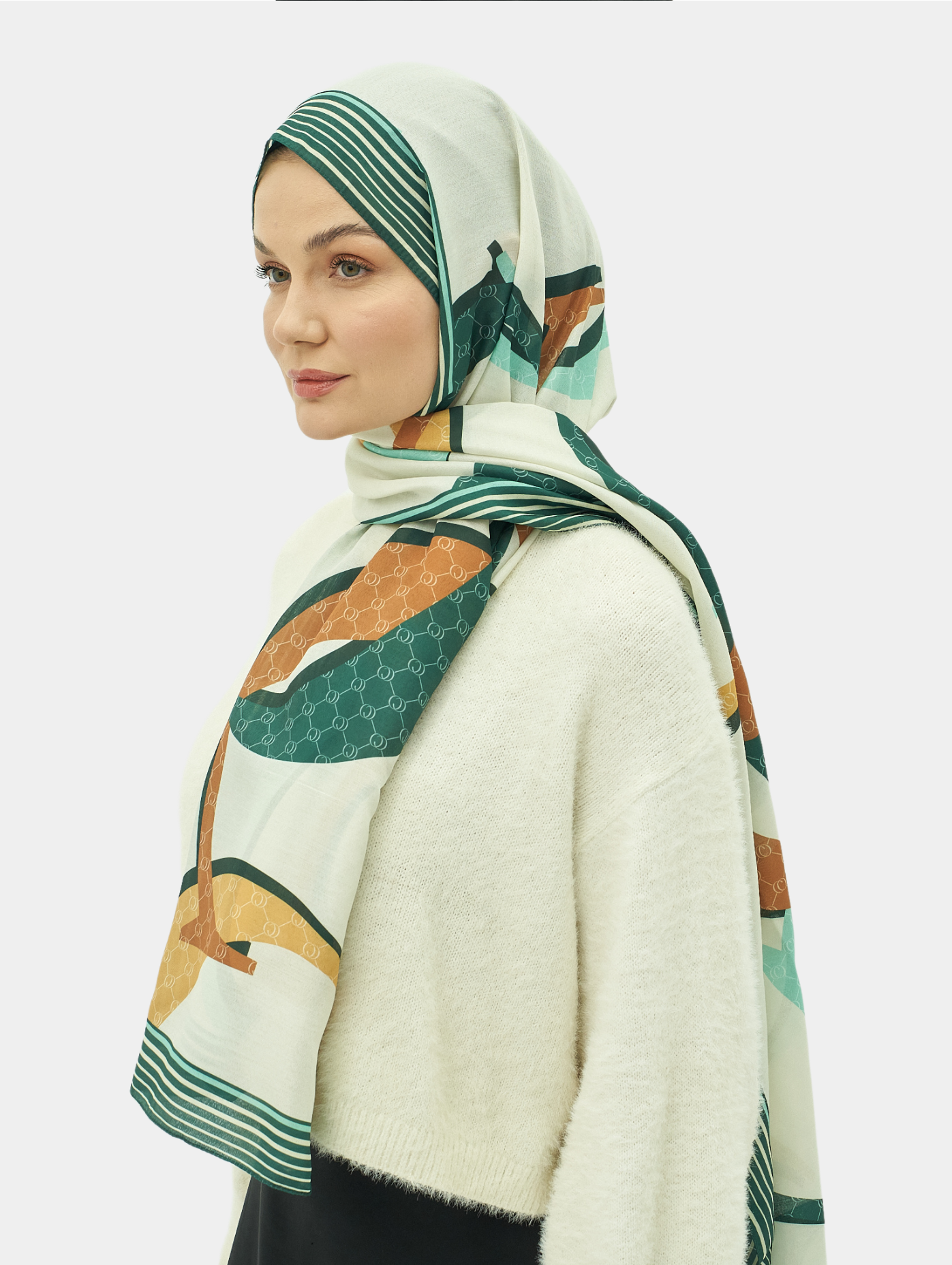 Soft Yeşil Zincir Desen Pamuk Vual Şal
