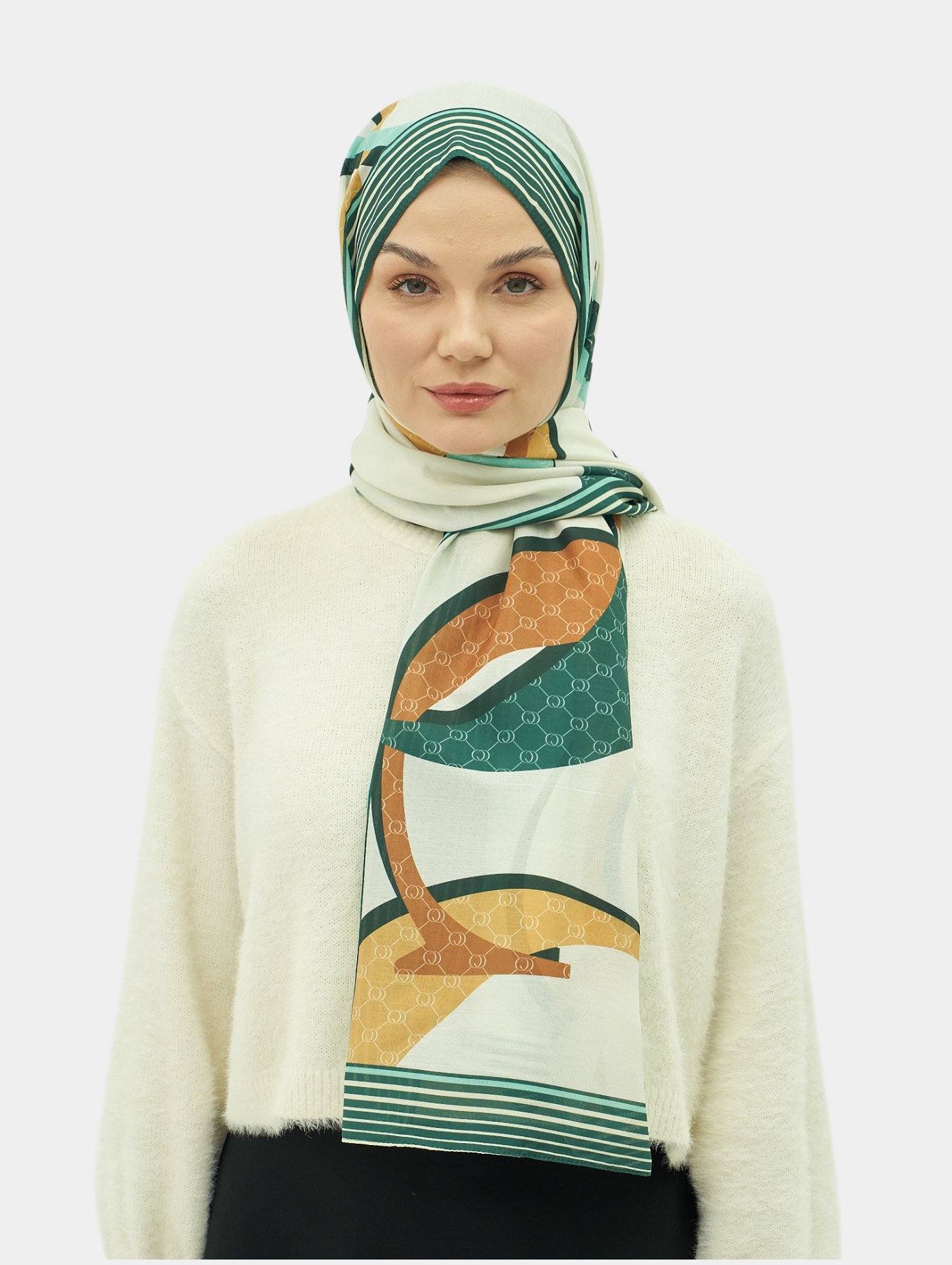 Soft Yeşil Zincir Desen Pamuk Vual Şal
