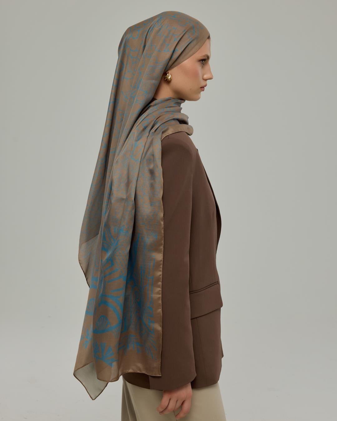 Tarçın Dumanı & Çakıl Mavisi Harem Rüyası Desen Şal