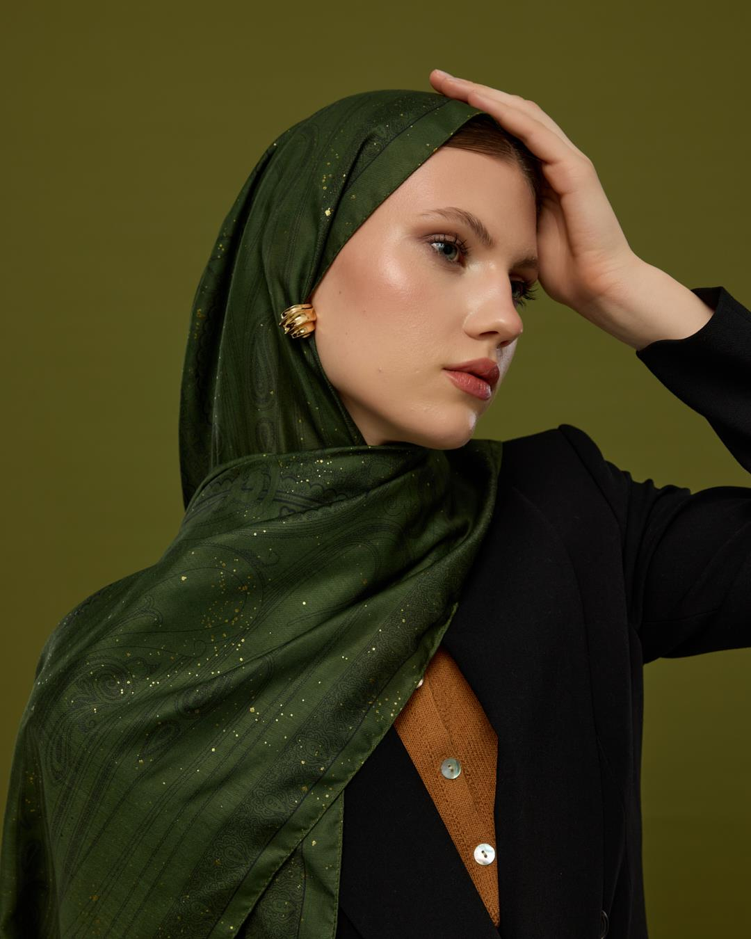 Zeytin & Siyah Hürrem Desen Işıltılı Şal