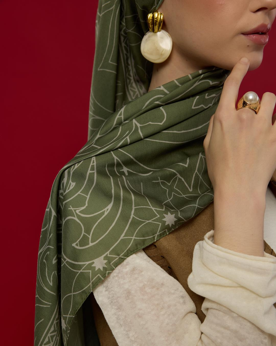 Zeytin Yeşili & Badem Kremi Efsunlu Desen Şal