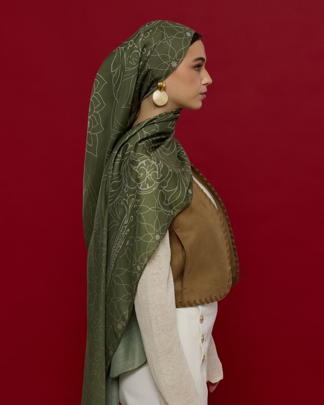 Zeytin Yeşili & Badem Kremi Efsunlu Desen Şal