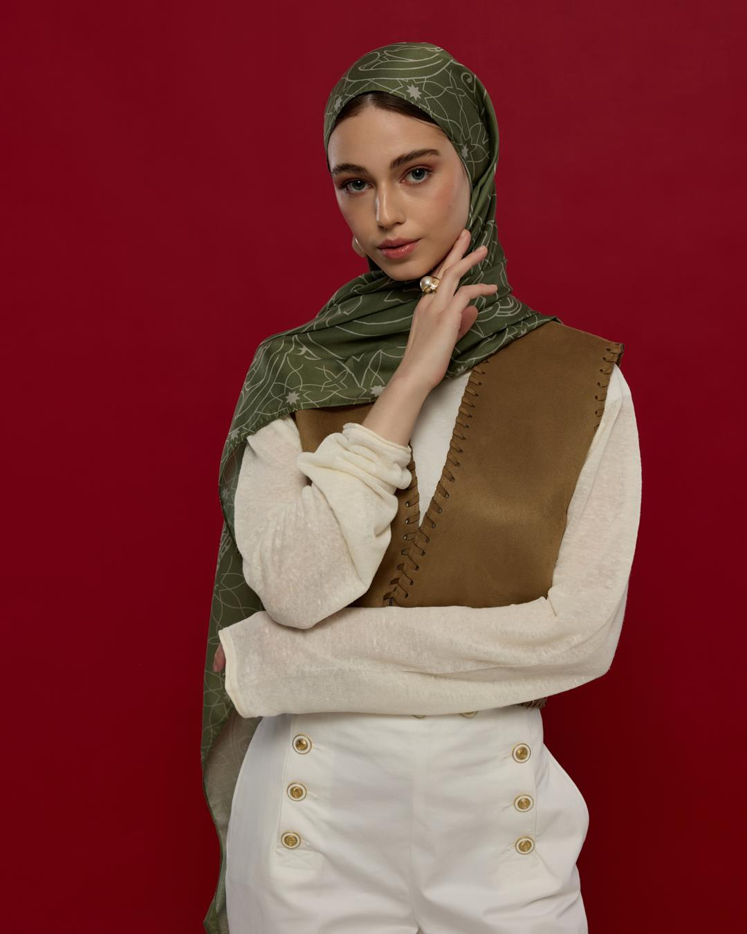 Zeytin Yeşili & Badem Kremi Efsunlu Desen Şal