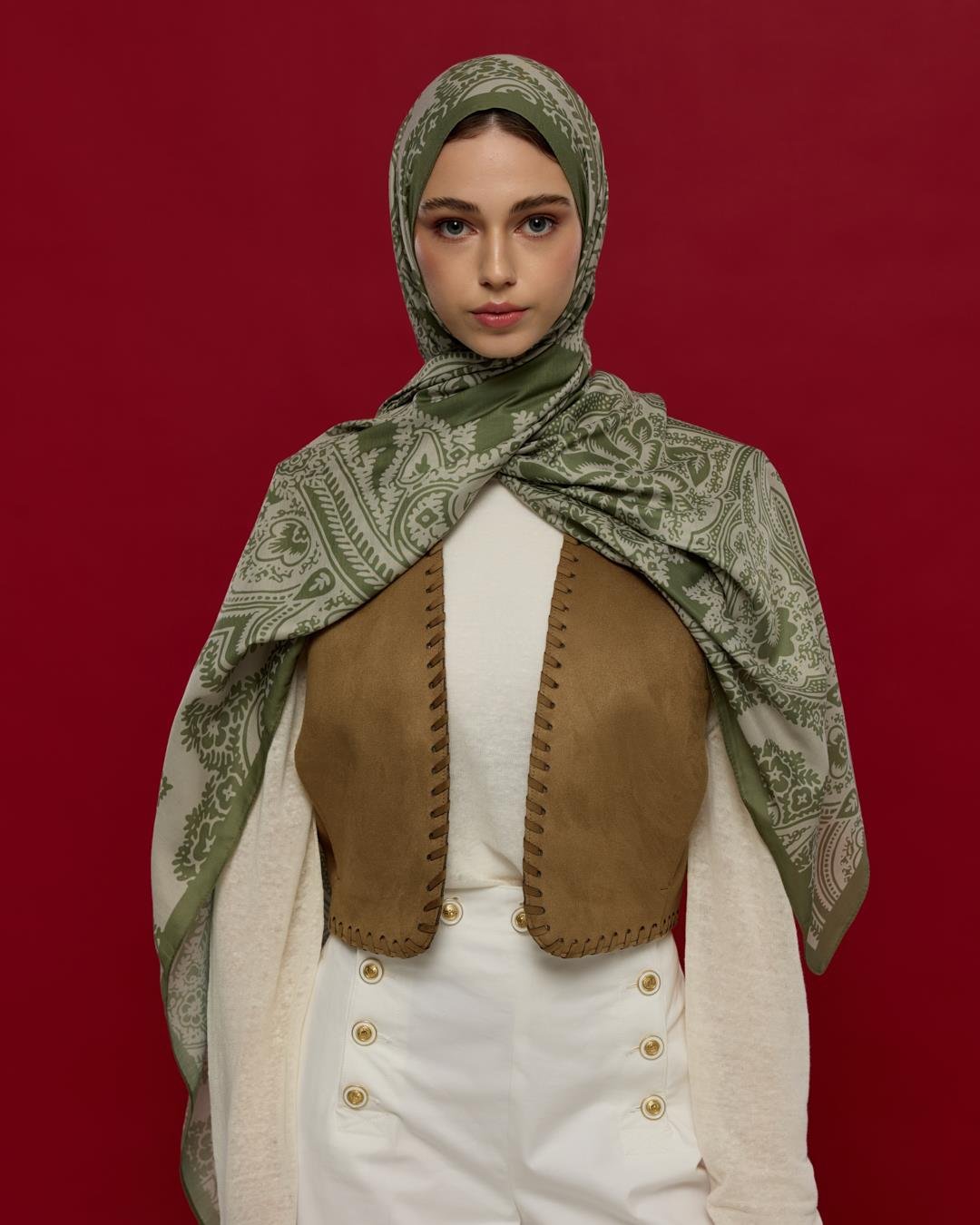 Zeytin Yeşili & Badem Kremi Sultani Desen Şal