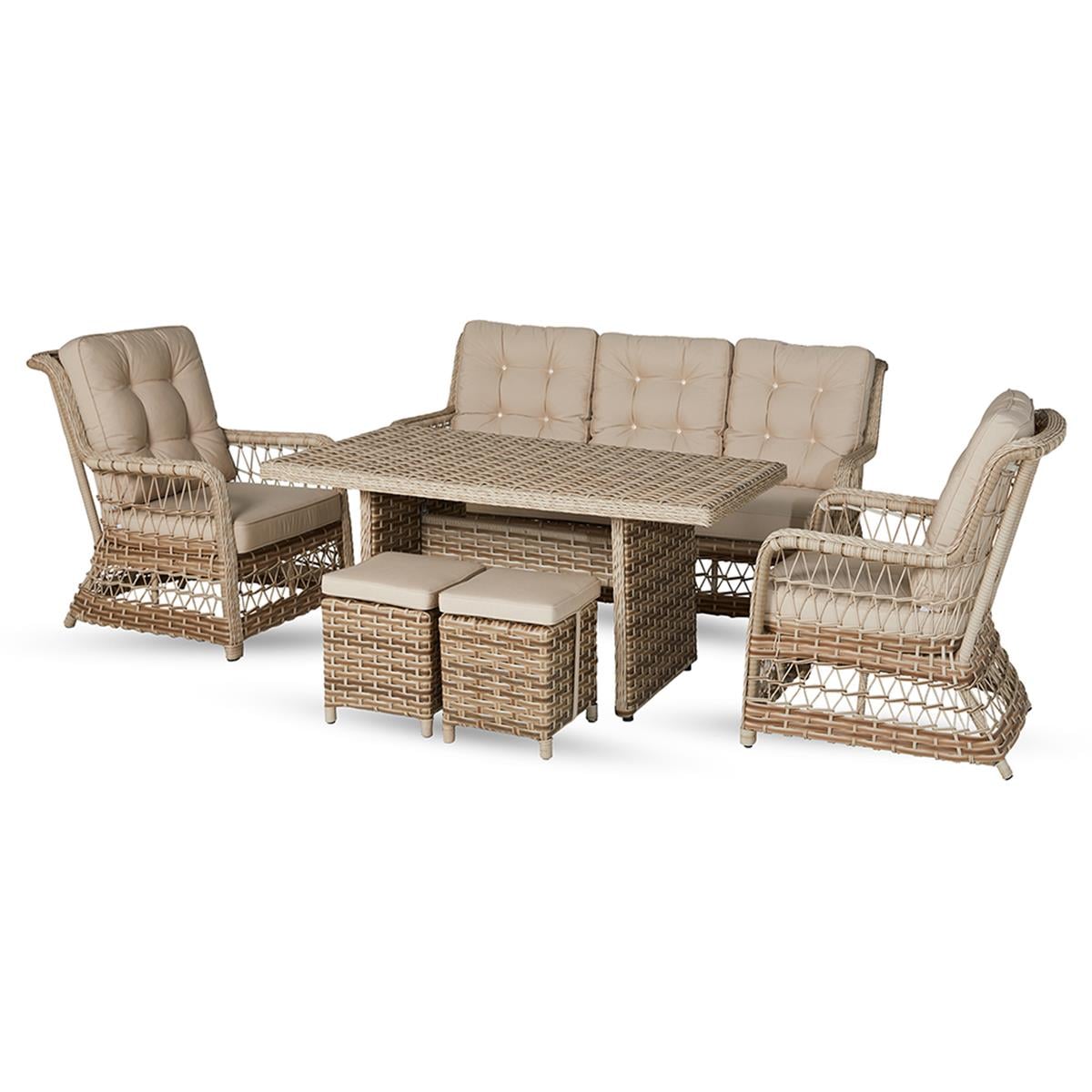 Aspendos Oturma Grubu- Alüm. Rattan Örgülü-  (1 üçlü, 2 tekli, 1 masa, 2 puf )- Bal Renk