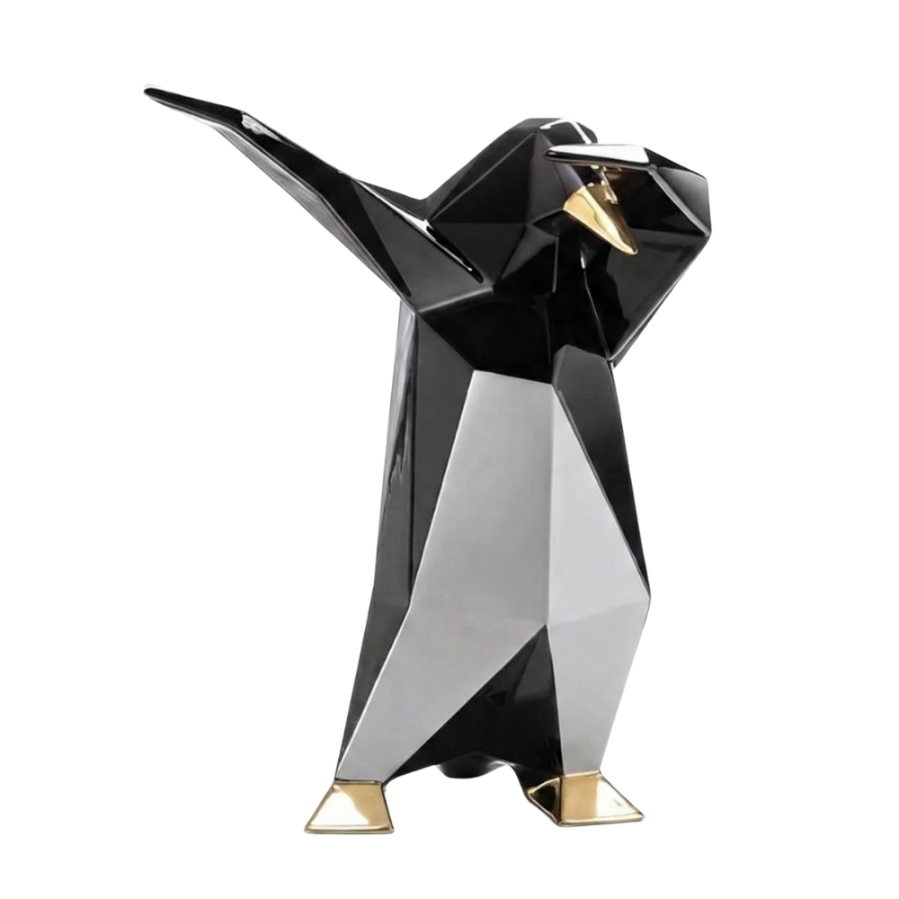 Dab Penguen Heykeli -Glossy Black- White,Gold Deyatlı