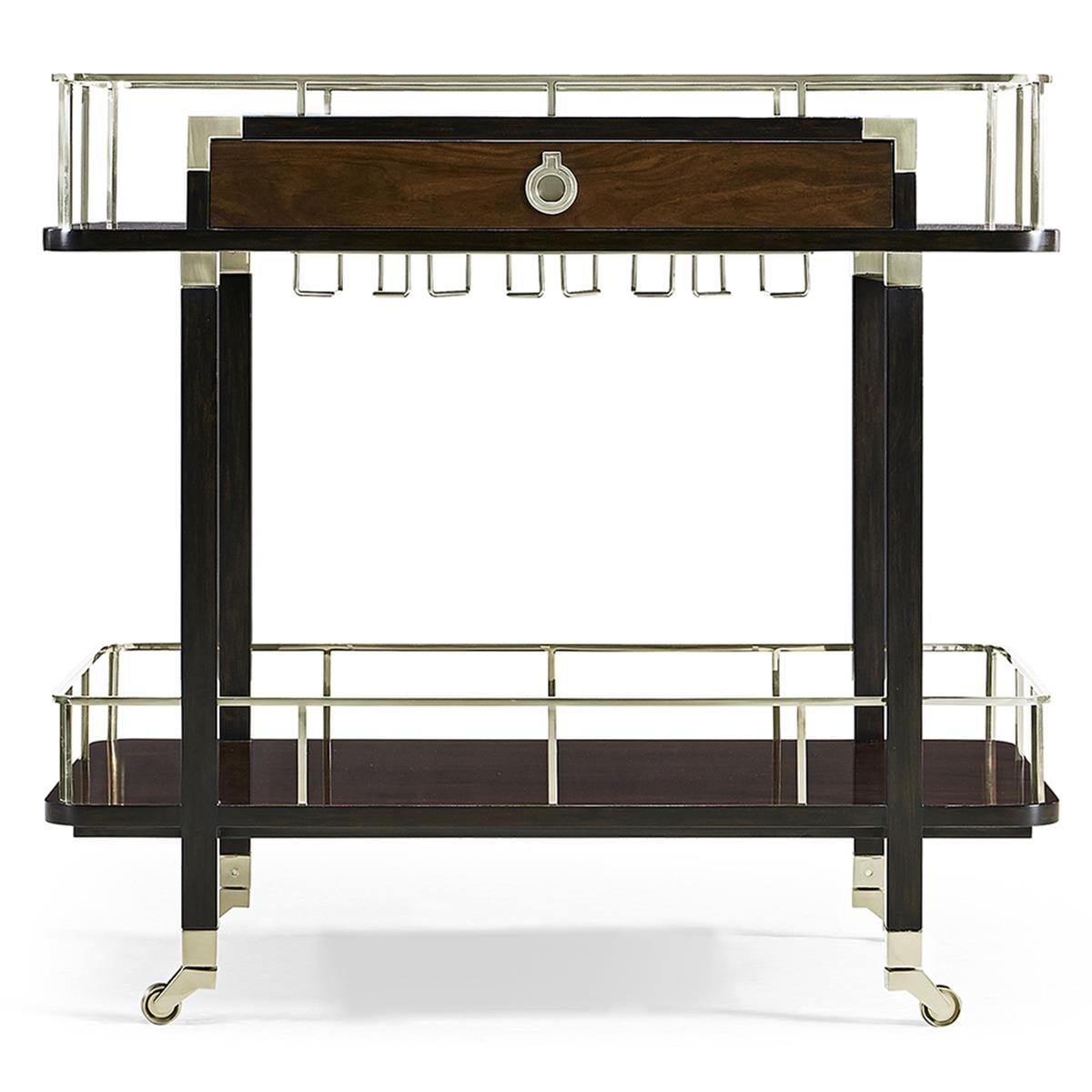 Rectangular Campaign Style Dark Santos Rosewood Rolling Bar Cart with Drawer