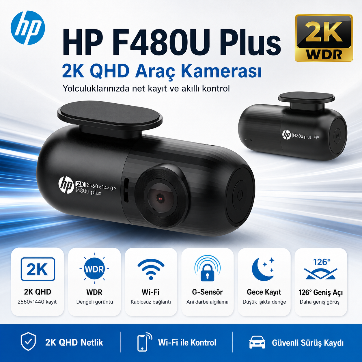 HP F480U Plus 2K WDR, HD, G Sensörlü, Wi-Fi Destekli Araçiçi Kamera