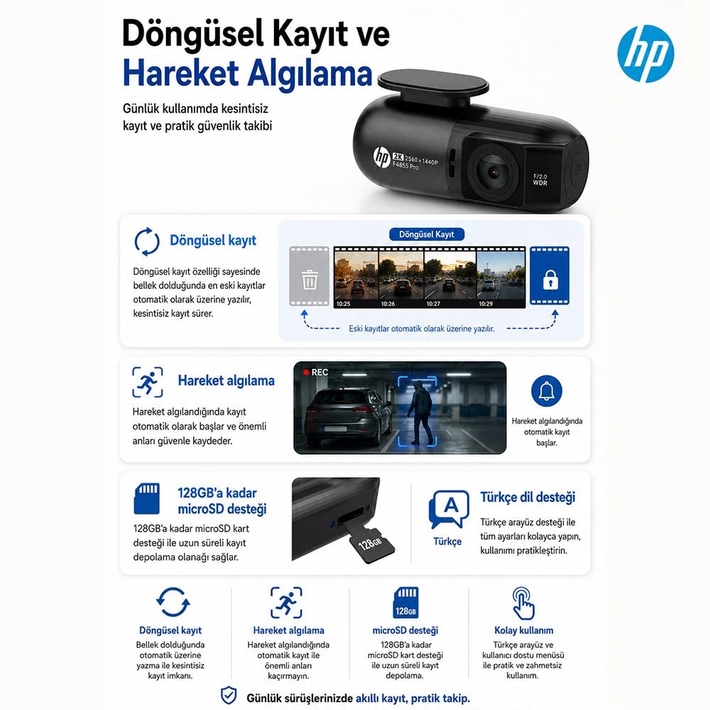 HP F485s Pro 2K Araç İçi Wi-fi Kamera