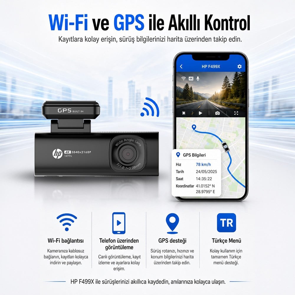HP F499x 4K Araç İçi Lcd Ekran Wi-fi Kamera