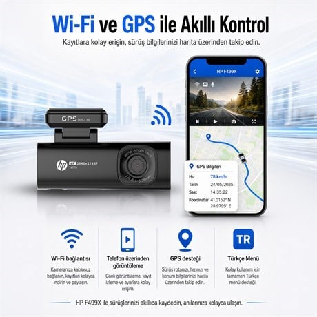 HP F499x 4K Araç İçi Lcd Ekran Wi-fi Kamera