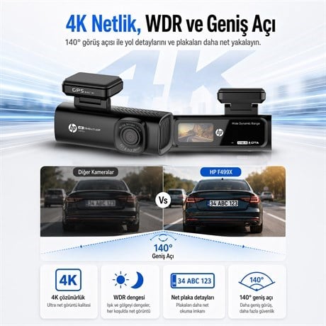 HP F499x 4K Araç İçi Lcd Ekran Wi-fi Kamera