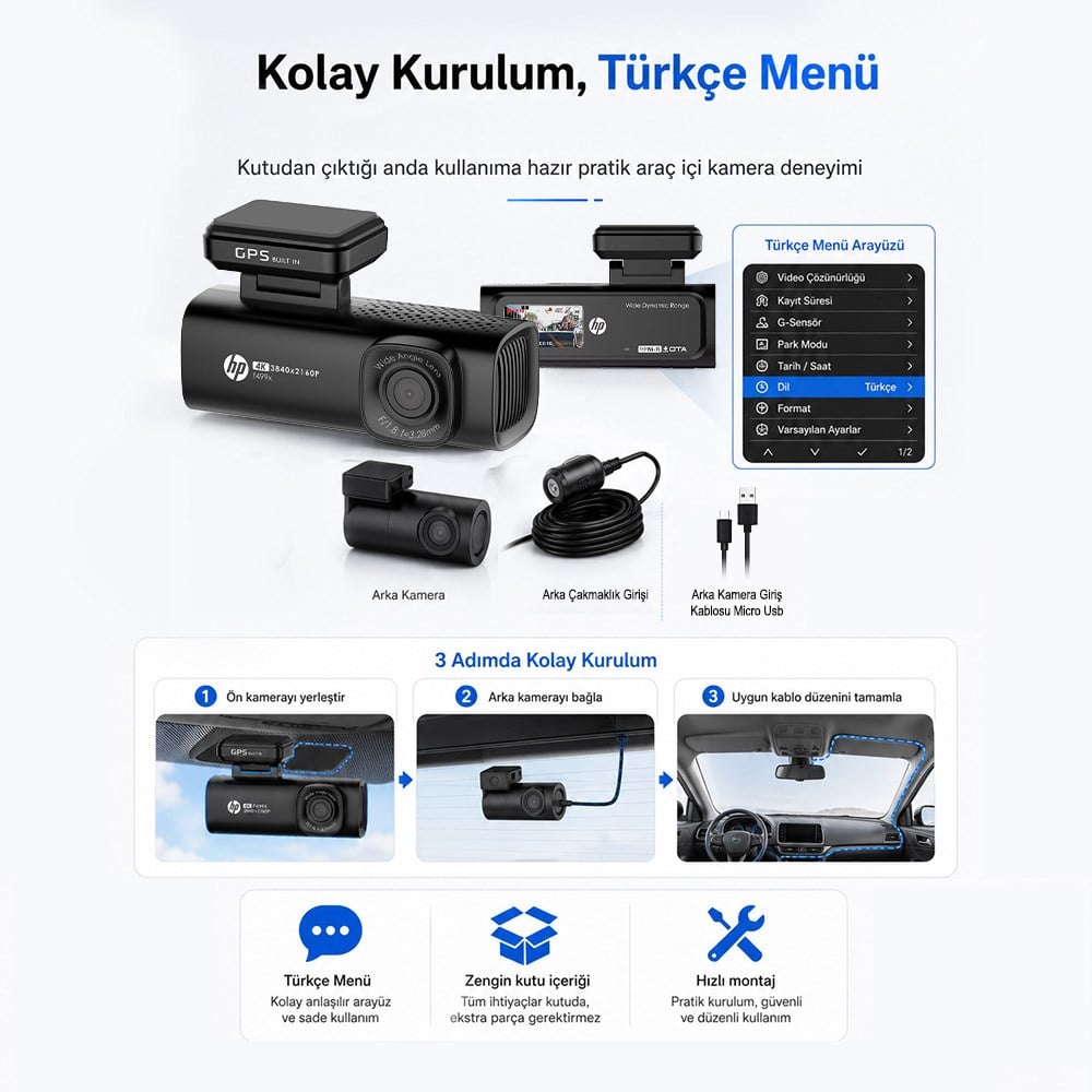 HP F499x 4K Araç İçi Ön & Arka Lcd Ekran Wi-fi Kamera