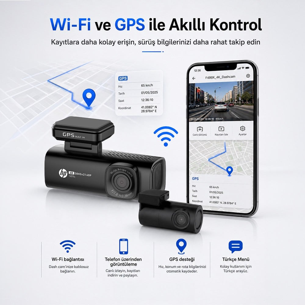 HP F499x 4K Araç İçi Ön & Arka Lcd Ekran Wi-fi Kamera