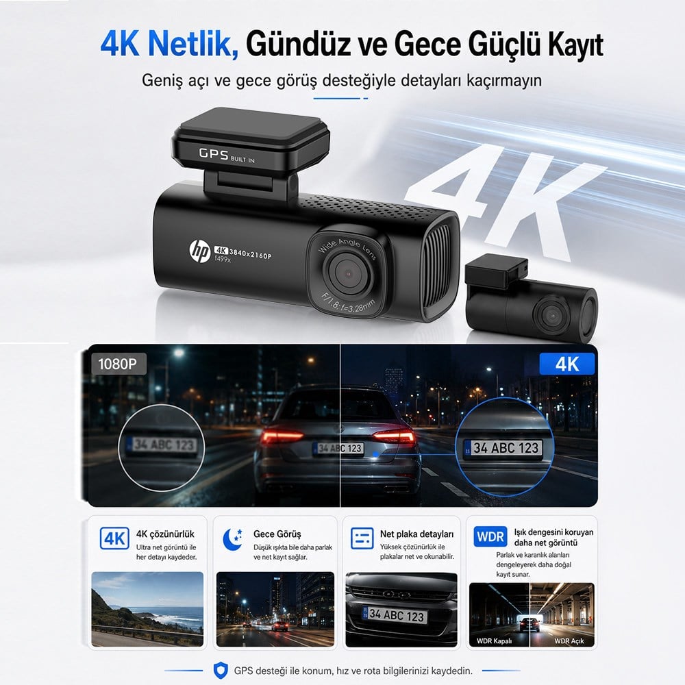 HP F499x 4K Araç İçi Ön & Arka Lcd Ekran Wi-fi Kamera