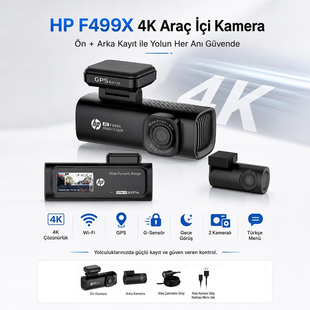 HP F499x 4K Araç İçi Ön & Arka Lcd Ekran Wi-fi Kamera