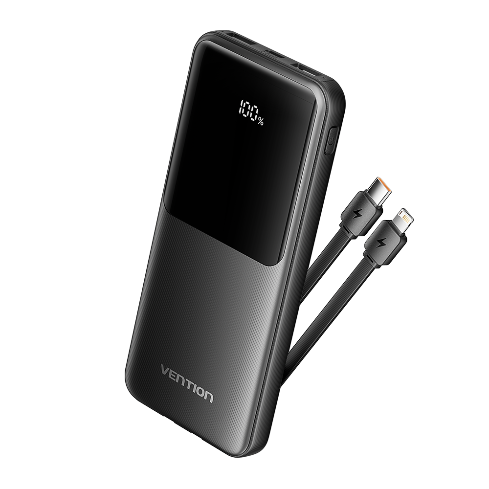 Ventiom 10000mAh 22.5W Powerbank (Micro-USB + USB-C + 2xUSB-A ) Dahili USB-C ve Lightning Kablolu LED Ekranlı Siyah - FHO