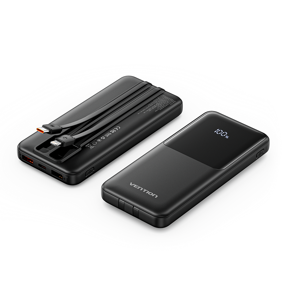 Ventiom 10000mAh 22.5W Powerbank (Micro-USB + USB-C + 2xUSB-A ) Dahili USB-C ve Lightning Kablolu LED Ekranlı Siyah - FHO