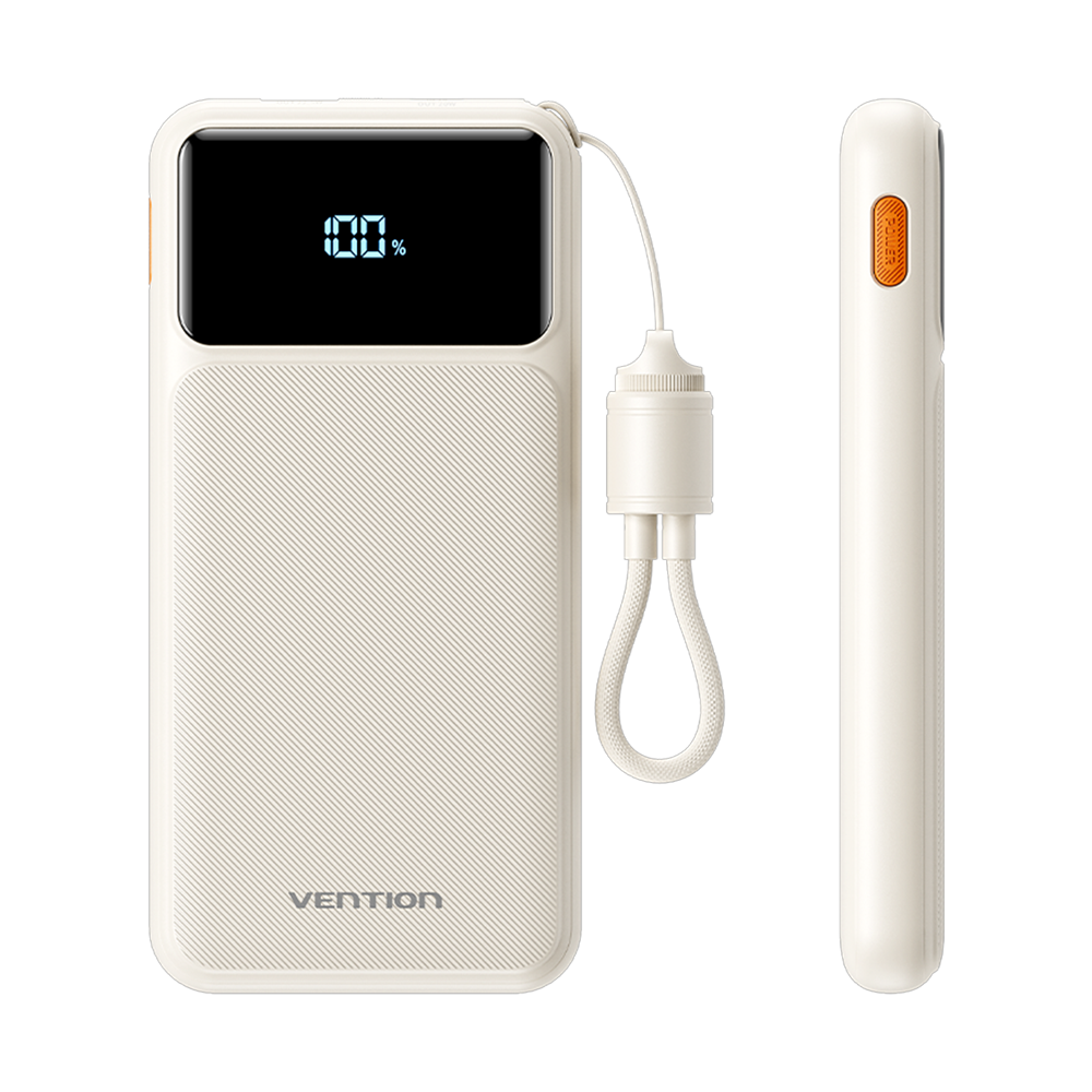 Vention 10000mAh 22.5W Powerbank (USB-C + USB-A) Dahili Askı Kablolu LED Ekranlı Beyaz - N16B-1