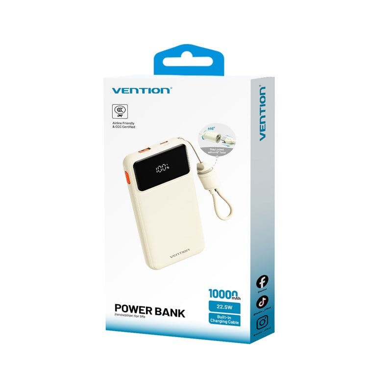 Vention 10000mAh 22.5W Powerbank (USB-C + USB-A) Dahili Askı Kablolu LED Ekranlı Beyaz - N16B-1