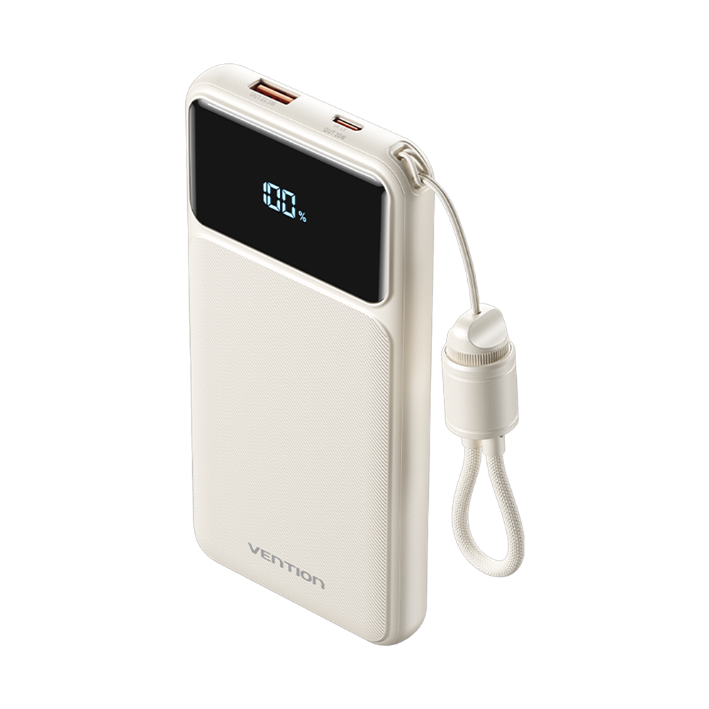 Vention 10000mAh 22.5W Powerbank (USB-C + USB-A) Dahili Askı Kablolu LED Ekranlı Beyaz - N16B-1