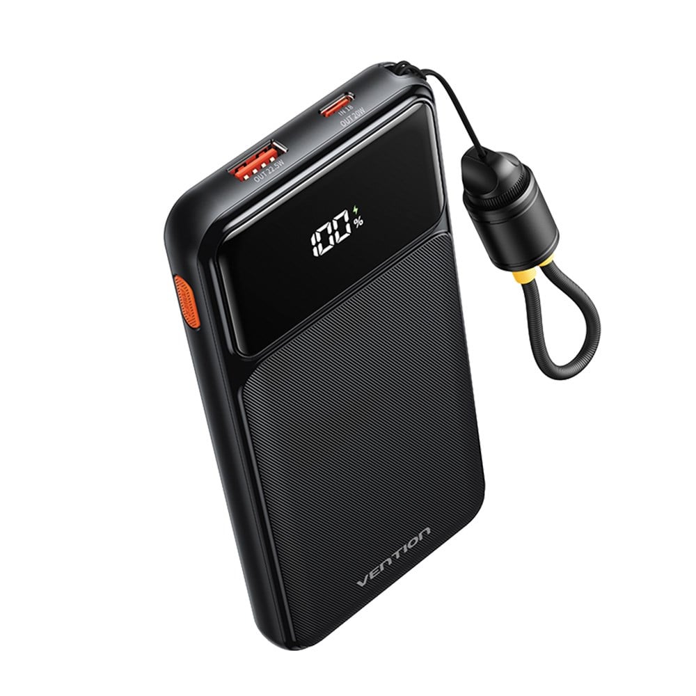 Vention 10000mAh 22.5W Powerbank (USB-C + USB-A) Dahili Askı Kablolu LED Ekranlı Siyah - N16B-1