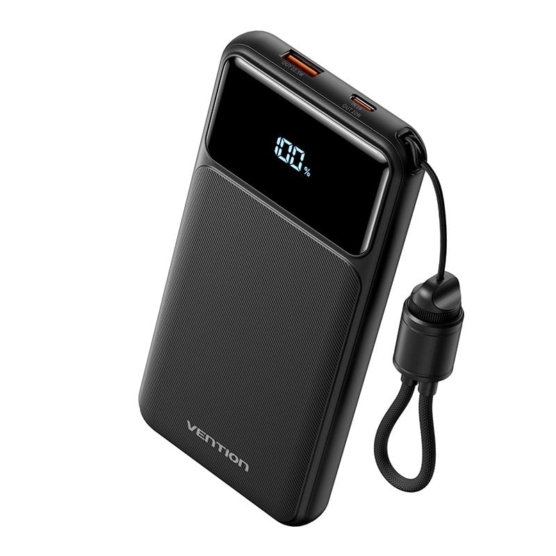 Vention 10000mAh 22.5W Powerbank (USB-C + USB-A) Dahili Askı Kablolu LED Ekranlı Siyah - N16B-1