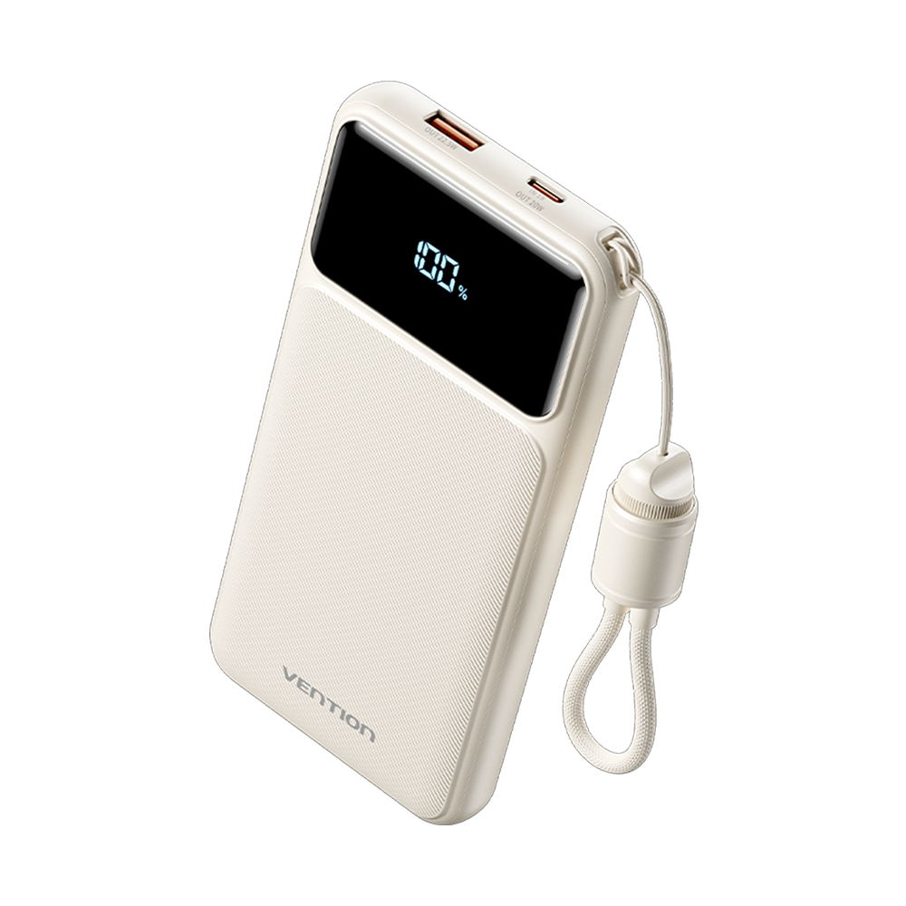 Vention 10000mAh 22.5W Powerbank (USB-C + USB-A) Dahili Askı Kablolu LED Ekranlı Beyaz - N16B-1