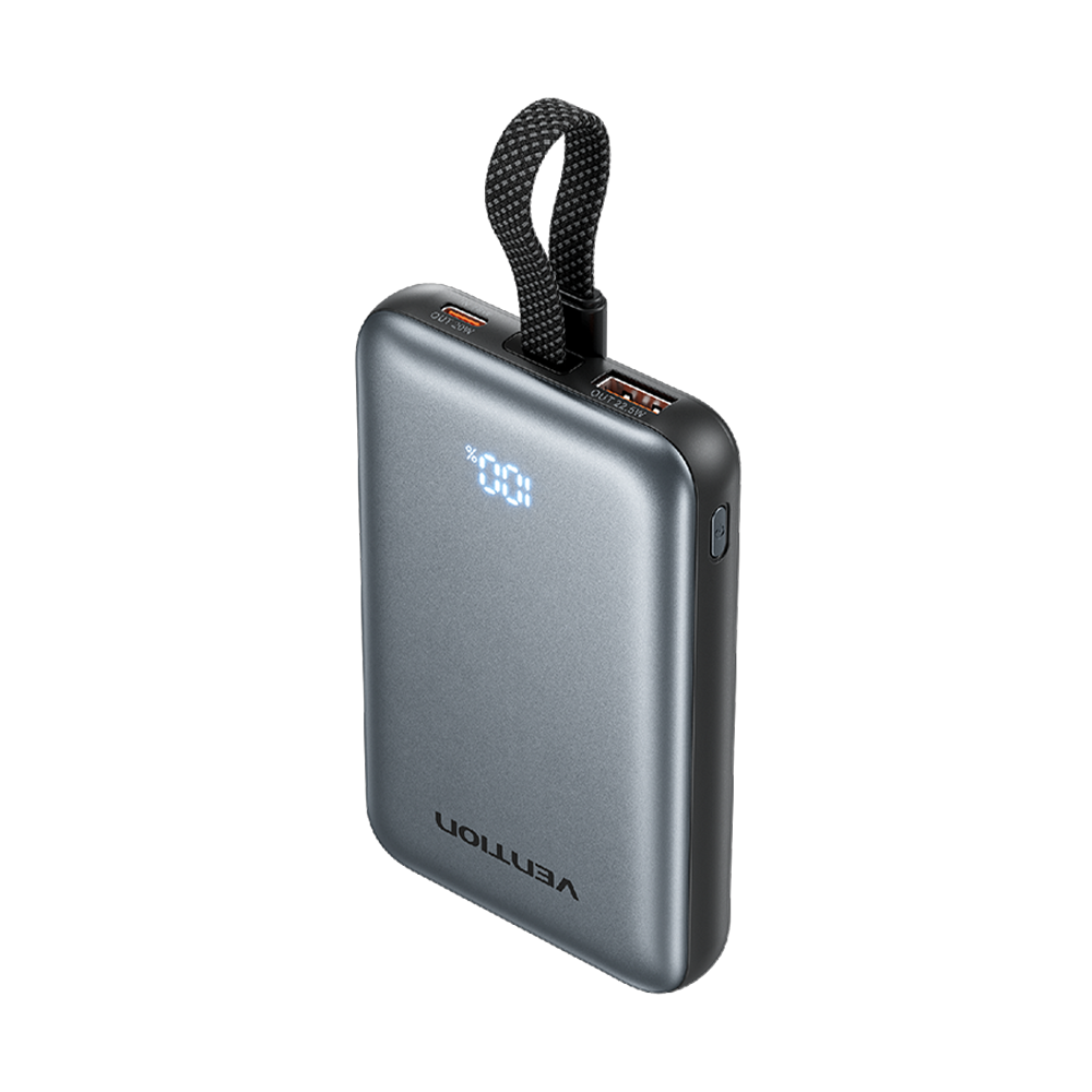 Vention 10000mAh 22,5W Powerbank Manyetik Kablosuz Şarj (USB-C + USB-C/USB-A/Kablosuz) Dahili Askı Kablolu Gri - FKQ