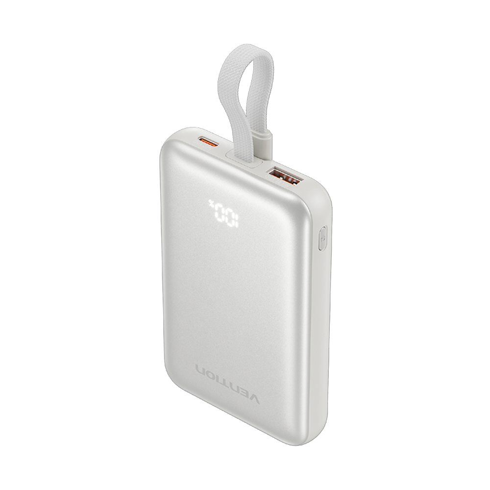Vention 10000mAh 22,5W Powerbank Manyetik Kablosuz Şarj (USB-C + USB-C/USB-A/Kablosuz) Dahili Askı Kablolu Bej- FKQ