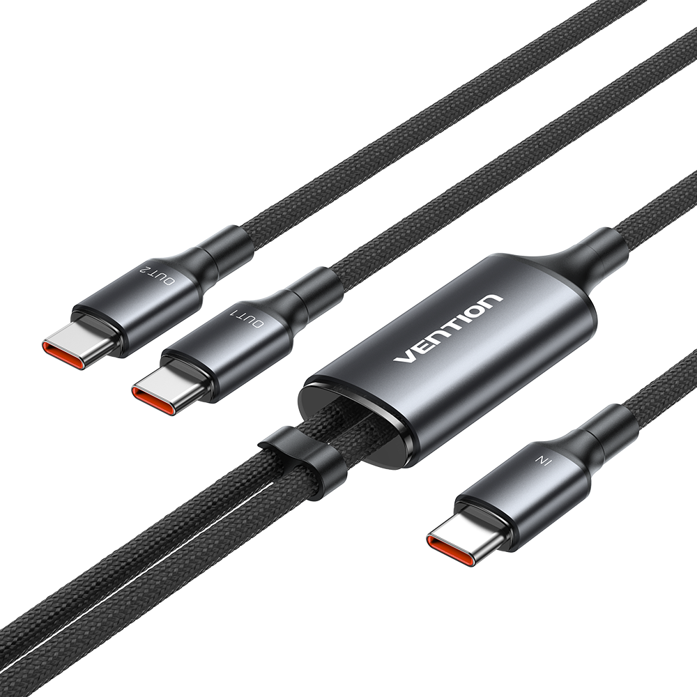 Vention 140W Çift Tip-C Çıkışlı 5A Alüminyum Alaşımlı Örgülü İkili Hızlı Şarj Kablosu 1,3m Siyah - TRU 