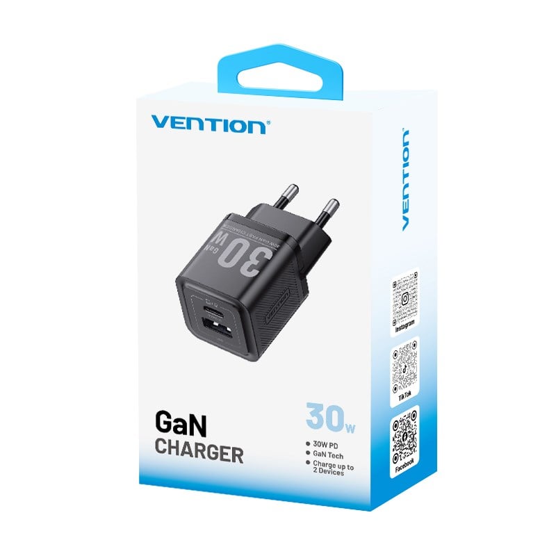 Vention 30W GaN Çift Çıkışlı (USB-C 30W USB-A 30W) iPhone Uyumlu Hızlı Şarj Adaptörü Siyah - FEQ
