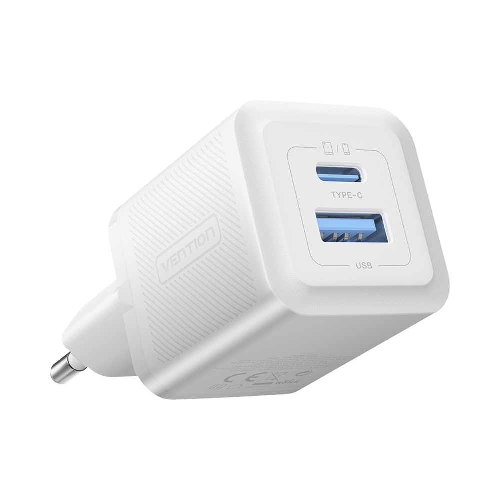 Vention 30W GaN Çift Çıkışlı (USB-C 30W USB-A 30W) iPhone Uyumlu Hızlı Şarj Adaptörü Beyaz - FEQ