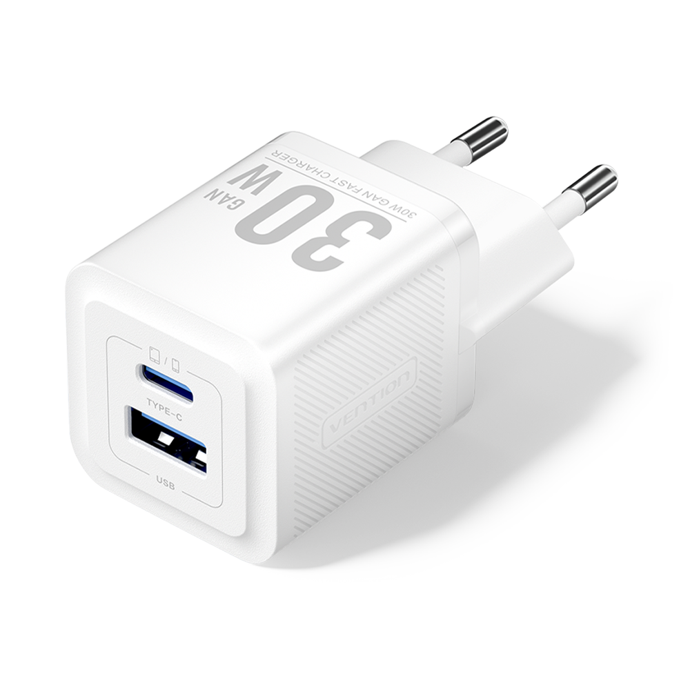 Vention 30W GaN Çift Çıkışlı (USB-C 30W USB-A 30W) iPhone Uyumlu Hızlı Şarj Adaptörü Beyaz - FEQ