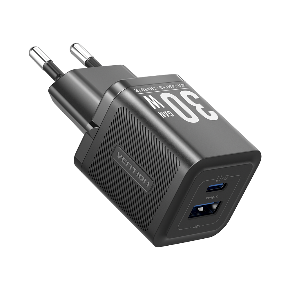 Vention 30W GaN Çift Çıkışlı (USB-C 30W USB-A 30W) iPhone Uyumlu Hızlı Şarj Adaptörü Siyah - FEQ