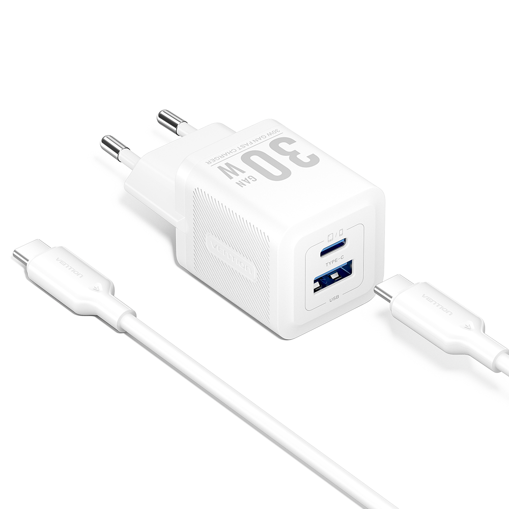 Vention 30W GaN Çift Çıkışlı (USB-C 30W USB-A 30W) 1M Kablolu iPhone Uyumlu Hızlı Şarj Seti Beyaz