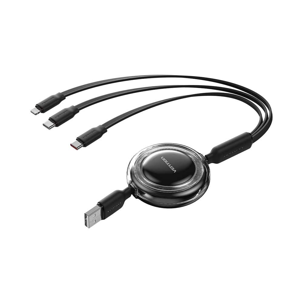Vention 3,5A Makaralı Çift Type-C ve Lightning Çıkışlı Hızlı Şarj ve Data Kablosu 1,1m Siyah - TRJ